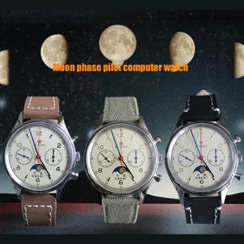 Martı Ay Fazı Havacılık Pilot 1963 Manuel Chronograph Mekanik erkek saati Safir Kristal Su Takvim Saatler Erkekler için