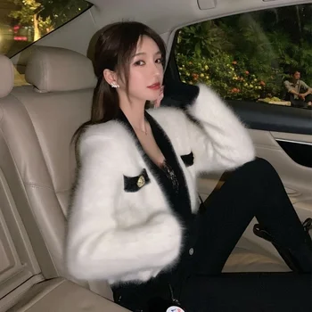 Kore V Uzun Kollu Beyaz Kürk Kırpılmış Hırka Sonbahar Moda Bulanık Pembe Hırka Ceket Nazik Triko Kazak