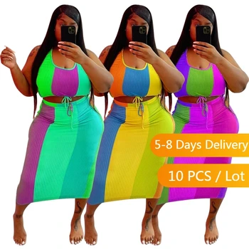 Toplu Ürünler Toptan Çok Nervürlü Rave Kıyafet Kadın Streetwear Renk Patchwork Yaz Moda Setleri 4XL Kırpma Üst Midi Etek Seti