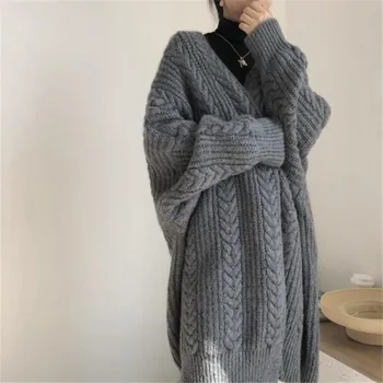 Kış Giysileri Kadın Hırka Kazak Uzun Gevşek Fit Çekin Femme Yarasa Kollu Kalınlığı sıcak tutan kaban Örme Dış Giyim Tops Pembe