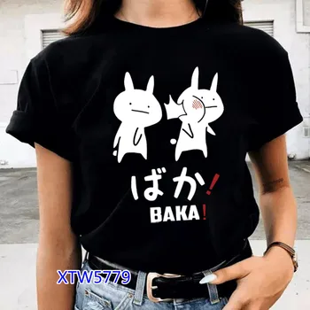Baka Tavşan Japon Arkadaş Kadın T Shirt Sevimli Karikatür Kısa Kollu Unisex siyah tişört Harajuku Streetwear Baskı Kadın Kumaş