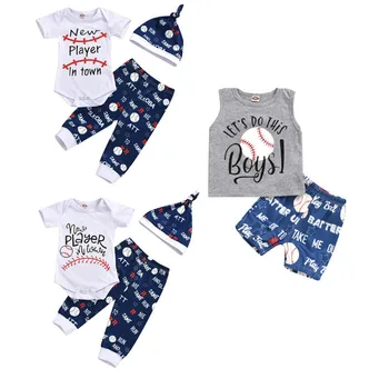 2020 Yenidoğan Bebek Bebek Erkek Giysileri Setleri Beyzbol Mektubu Baskı Bodysuit / Yelek Üstleri + Şort / Pantolon Şapka Kıyafetler 0-3Y