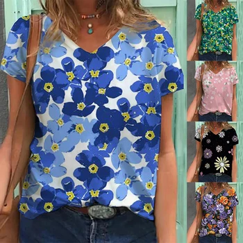 2022 Yaz kadın Çiçek Tema 3D baskı tablo T Shirt V Boyun Kadın Üstleri Kazak Temel Streetwear Yeni Tasarım T Shirt