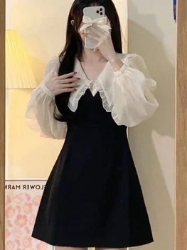 Kore Tarzı Kpop Peter Pan Yaka Elbise Kadınlar Zarif Wrap Bodycon Siyah Mini Kısa Elbiseler 2022 Sonbahar Vestidos Kadın
