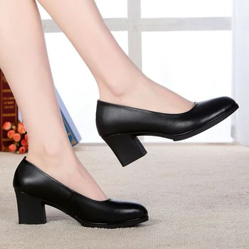 iş ayakkabısı kalın topuk profesyonel kadın ayakkabısı yuvarlak kafa su geçirmez platformu orta topuk deri ayakkabı büyük boy