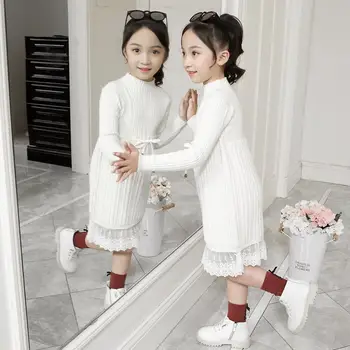 2023 İlkbahar Sonbahar Yeni Çocuk Kız Kazak Elbise Çocuk Dantel Dikiş Örme Elbise Genç Kızlar Uzun Kollu O-boyun Elbiseler K227