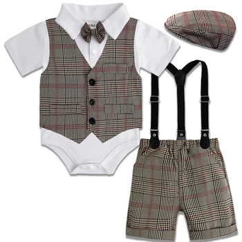 Bebek Erkek Beyefendi Kıyafet Bebek İngiliz Vintage giyim setleri Toddler Ekose Düğün Doğum Günü Partisi Hediye Takım Elbise 4 ADET