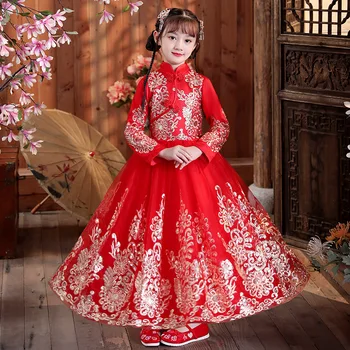 Çin Yeni Yıl Kırmızı Elbiseler Çocuk Fantezi Peri Nakış Elbiseler Festivali Tören Elbise Düğün Parti Vintage uzun elbise