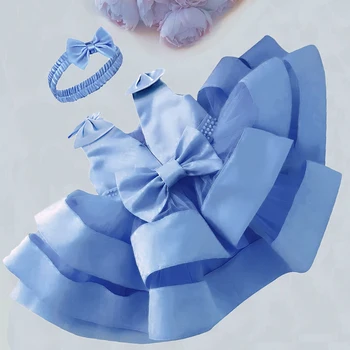0-24 Ay Sevimli Kız Yay Kolsuz Boncuk Katman Prenses Kostüm Bebek Bir Yıl Doğum Günü Partisi Elbise Mavi Elbise Bebek Kızlar 