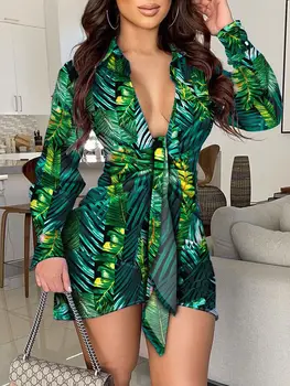 Kadınlar Tropikal Baskı Mini Elbise Kadın Eğlence Temel Elbise Uzun Kollu Sıkı Bel Gömlek Elbise Kadınlar için Seksi Elbiseler Yeşil