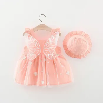 2 Adet Kanat Bebek yaz giysileri 2022 Kore Moda Örgü Kolsuz Yürümeye Başlayan Prenses Elbise + Güneş Şapka Küçük Kız Giyim Seti