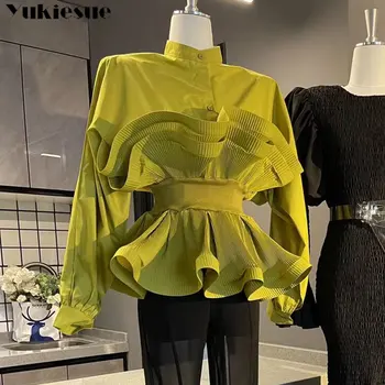 2022 İlkbahar Sonbahar Moda Gelgit Yeni Koreanstytle Fırfır Dantelli Gömlek Kadınlar İçin Standı Yaka Fener Kollu Sashes Casual gömlek