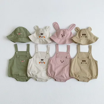 Sonbahar Bebek Erkek Bebek Tulum Romper Sevimli Karikatür Toddler Bebek Kız Tulum Kore Yenidoğan Bebek Kolsuz Bodysuit Şapka ile