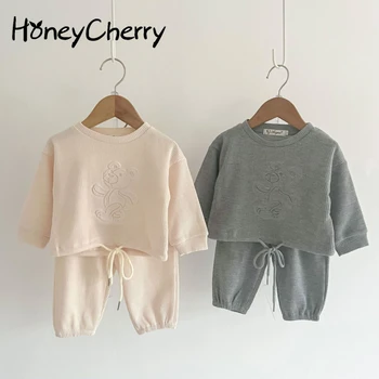 HoneyCherry Sonbahar Pamuk Kazak Rahat Seti Spor İki parçalı Bebek Moda Uzun Kollu + Pantolon Seti Bebek Kız Giysileri