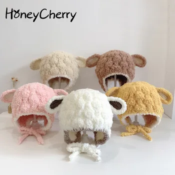 HoneyCherry Sonbahar Yeni Karikatür Sevimli Örme Bebek kulak koruyucu şapka Bebek Kazak Şapka Çocuk Şapka