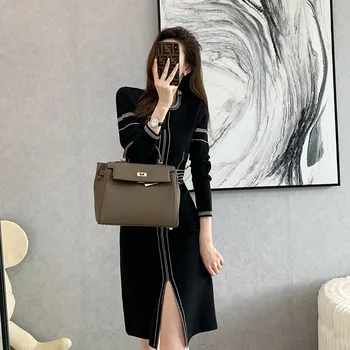 Örme Kazak Seksi Elbise Bayan 2021 Sonbahar Kış Moda Bölünmüş Jakarlı Yüksek Bel Çizgili Örme Elbiseler Vestidos XC051