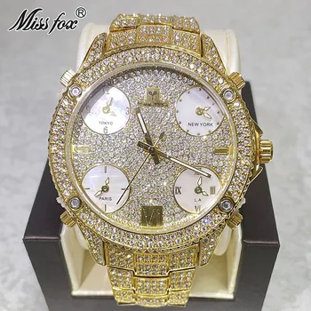 Moda Marka MISSFOX 51mm Büyük Yuvarlak kadranlı saat Mens Buzlu Out Tam Çelik Su Geçirmez Saatler Altın Hip Hop Klasik Saatler Erkek