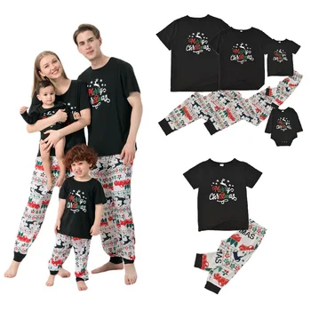 Kısa Kollu Noel Aile Eşleştirme Kıyafetler Geyik Baba Anne Çocuk ve Bebek Pijama Setleri Annem ve ben Giysileri Üstleri + pantolon