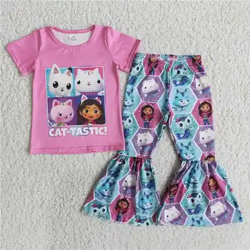 Sevimli Pembe Kedi Bebek Butik Yeni Giysileri Kısa Kollu Gömlek Çan Pantolon İlkbahar Sonbahar Çocuk Seti Çocuklar Toptan Moda Kıyafet