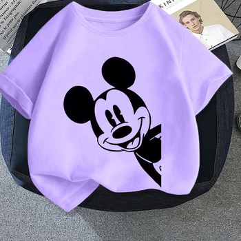 Disney Siyah Beyaz Sevimli Karikatür Mickey Erkek Bebek Giysileri yazlık t-shirt Moda 2022 Mor Kısa Kollu Çocuk Giysileri Kız Tees