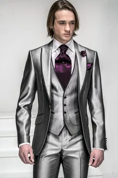 2023 Yeni Stil Bir Düğme Parlak İş Erkek Takım Elbise erkek Düğün Balo Suits Damat 3 Adet (Ceket + Pantolon + Yelek + Kravat)