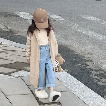 Çocuk Giyim 2022 İlkbahar Sonbahar Kız Örgü Hırka Yeni Moda Kore Tarzı Gevşek Zayıflama Orta Uzun Kazak Ceket