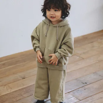 Çocuk Katı Kazak Hoodies Rahat Basit kapüşonlu eşofman üstü Ve Polar Sıcak Pamuk Geniş Bacak Pantolon 2 adet Butik Takım Elbise