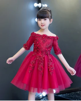 2017 Kırmızı Tül Shoulderless Çiçek Kız Elbise Düğün Için Aplikler Örgün Doğum Günü Partisi Prenses Balo