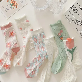 Yaz Yeni Güzel Çorap Lale Çiçek Peri Retro Sevimli Çiçek şeffaf ağ Çorap Kadınlar için İnce Nefes
