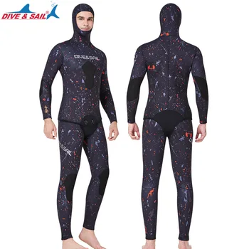 5MM Erkekler Spearfishing Takım Neopren Sıcak Açık Hücre Wetsuit İki Adet Su Sporları Tüplü Sörf Ceket + Pantolon Dalış Vücut Mayo