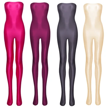Yeni Seksi kadınlar Yüksek streç shapewear Parlak Yağlı Külotlu artı boyutu mayo Tayt Tüp Üst Tek parça vücut takım elbise