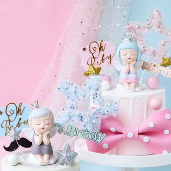 Taç Melek Kek Dekorasyon Oh Bebek Kek Toppers Çiçek İplik Yay Kek Topper Prenses Kız Doğum Günü Partisi Dekorasyon Pişirme