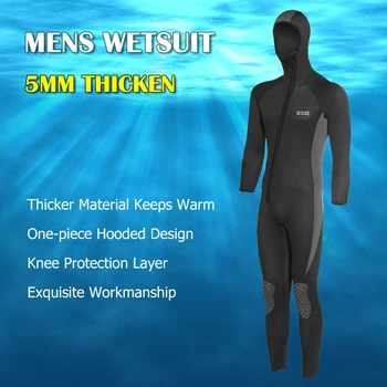 Kalınlaşmak 5mm Neopren Erkek Siyah Kapşonlu Wetsuit Tek parça Uzun Kollu dalgıç kıyafeti Triatlon Sualtı Kış Sıcak Avcılık Takım Elbise