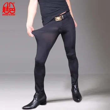 Uzun Tayt Şeffaf Buz İpek Pantolon Erkek Parlak Yüksek Elastik Pantolon Bacak Kalem Sıkı Pantolon Ultra İnce Gay Giyim Seksi Erkek 