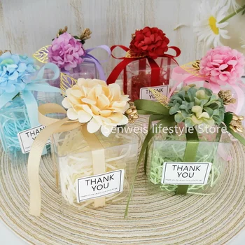 20 Adet/grup Romantik Hediye Kutuları Çiçekler Şerit Kare Şeffaf düğün şeker kutusu Misafirler için Hediyeler Parti Iyilik Ambalaj Çantası