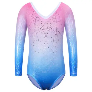 BAOHULU Sparkle Uzun Kollu Leotard Kızlar için Rhinestone Degrade Mavi Pembe Jimnastik Giysileri Çocuk Bodysuit Dans Giyim