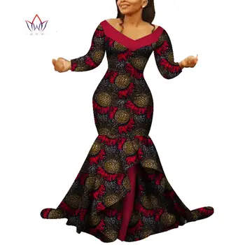 Yeni Dashiki Afrika Baskı Elbiseler Bazin Çift fishtail Parti Elbise Vestidos Artı Boyutu Kadınlar için Afrika Elbiseler WY5759