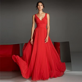 Basit Kırmızı anne Gelin Elbiseler V Boyun Kolsuz Düğün Törenlerinde Plise Dökümlü Kat Uzunlukta A-line 2022 فستان سهرة
