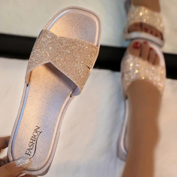 Slayt Kadınlar İçin 2021 Ev Kapalı Ayakkabı Yaz Kristal Düz moda ayakkabılar kadın Kadın Glitter Kadın Terlik Damla Nakliye
