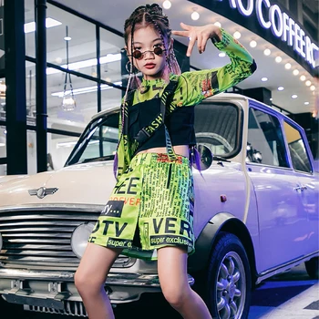 Çocuklar Hip Hop Giyim Kız Caz Kostümleri Yeşil Kırpma Üst Şort Sokak Dans Elbise Sahne Kıyafetler Festivali Giyim XS3618