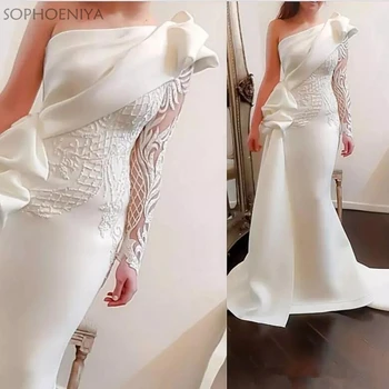 Zarif Bir Omuz Mermaid Abiye 2023 Beyaz Uzun Kollu abiye giyim Saten Dantelli Ruffles Aplike Resmi elbise