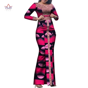 Bintarealwax Afrika Maxi Elbise Bazin Riche Payetli Baskı Balmumu Uzun Elbiseler Uzun Kollu Artı Boyutu S-7XL Afrika Giyim WY8458