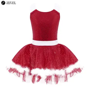 Çocuk Kız Sequins Keyhole Geri Bale Dans Tutu Elbise Leotard Noel Santa Tatlım Sahne Performansı Kostüm Giyim