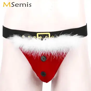 Erkek Sissy Kadife Noel Iç Çamaşırı Seksi Cosplay Santa Jockstraps G-string Külot Beyaz Kürk Trim Açık Popo Hombre Tanga Tanga