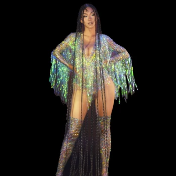 Seksi Sahne Giyim Kristaller Spandex Püskül Tulum Kadınlar için Gece Kulübü Doğum Günü Kutlamak Parti Kıyafet Performans dans kostümü