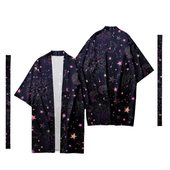 Japon erkek Uzun Kimono Hırka Samurai Kostüm Kimono Ay Yıldız Desen Baskı Kimono Gömlek Yukata