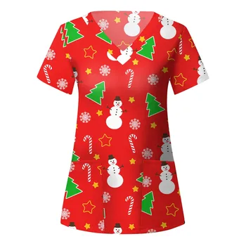 Noel Kadın Fırçalama Üstleri Kısa Kollu V Boyun Karikatür Baskılı Üst Emzikli Çalışma T Shirt Bluz Cepler İle Kadın Giyim