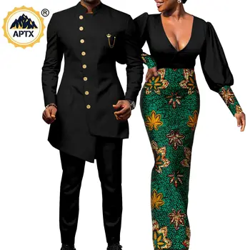 Afrika Çiftler Elbise Bazin Riche Afrika Elbiseler Kadınlar için Maç Erkekler Kıyafetler Zincir Üst ve Pantolon Setleri Dashiki Vestidos Y22C020