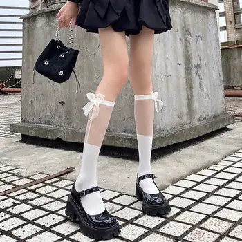 Lolita Uzun Tüp Beyaz Dantel Örgü Kadın diz Üstü Yüksek tüp Uyluk Orta tüp Buzağı Çorap İnce Kesit Öğrenci Jk Siyah ve Beyaz