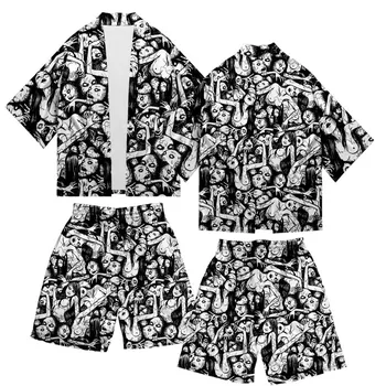 Japon ünlü korku çizgi roman 3D Japon kimono + şort takımı Junji Ito Kimono yaz Kadın / Erkek Kısa Kollu streetwear tişört